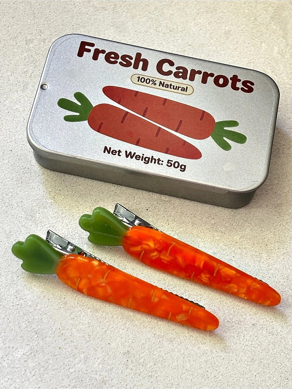 2pcs Cute Carrot Hair Clips with Metal Storage Tin, Kawaii Vegetable Hair Barret